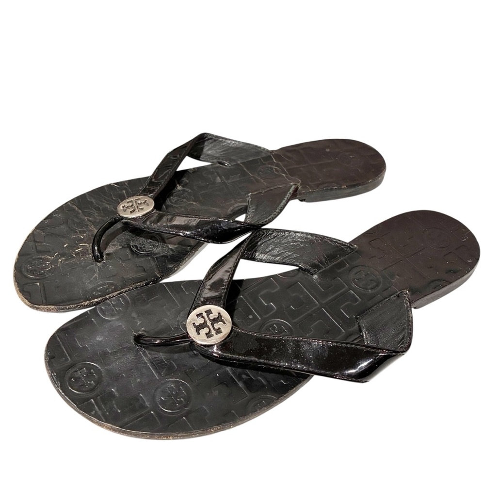 Tory Burch Thora Black Leather Gold Logo Medallion Thong Sandal Size 8M